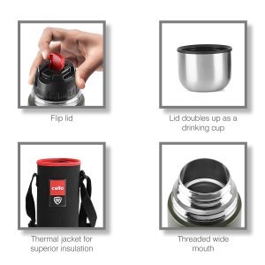 Cello Duro Flip Thermosteel Flask with Jacket | 1000ml, Black | 24 Hours Hot and Cold | Flask for Tea Coffee | Rust & Leak Proof | Ideal for Office, Gym, Home, Kitchen, Hiking, Travel Bottle