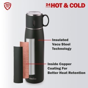 CELLO Duro Cup Style Thermosteel Flask, 750ml, Military Green | 24 Hours Hot & Cold Bottle | Dual Purpose Cup & Cap| Flask for tea coffee | Ideal For Office, Gym, Home, Kitchen,Trekking, Travel Bottle