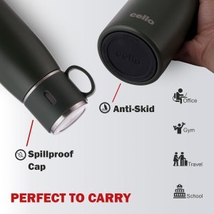 CELLO Duro Cup Style Thermosteel Flask, 1000ml, Military Green | 24 Hours Hot & Cold Bottle | Dual Purpose Cup & Cap| Flask for tea coffee | Ideal For Office, Gym, Home, Kitchen,Trekking, Travel Bottle