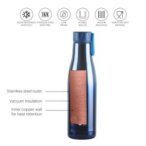 Cello Dazzle Insulated Stainless Steel Water Bottle 1000 ml, Blue | ISI Certified, Double Walled, 24 Hours Hot & Cold Vacuum Insulated Flask Water Bottle | Leak Proof Screw Cap Thermosteel Bottle