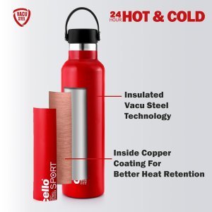 Cello Aqua Bliss Thermosteel Insulated Water Bottle, 1000ml, Red | 24 Hours Hot and Cold Flask | Leak Proof | Office Bottle | Sports | Home | Kitchen | Hiking | Treking | Travel