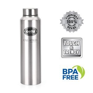 Cello Crysta Stainless Steel Bottle | Tough & Trendy | Lid is Sealed by a Silicone Ring | Best Usage: Office/School/College/Gym/Picnic/Home/Fridge | 1000ml | Silver, Set of 1